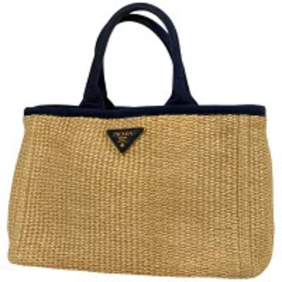 Prada Handbags - Prada plate tote bag basket handbag raffia beige Navy Blue